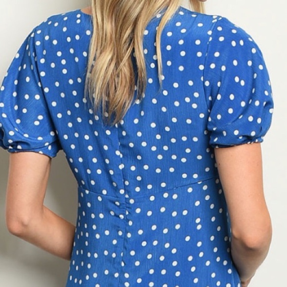 ❌DONATED❌Blue Polka Dot Cottage Style V-Neck Lined Midi Dress - Picture 3 of 9